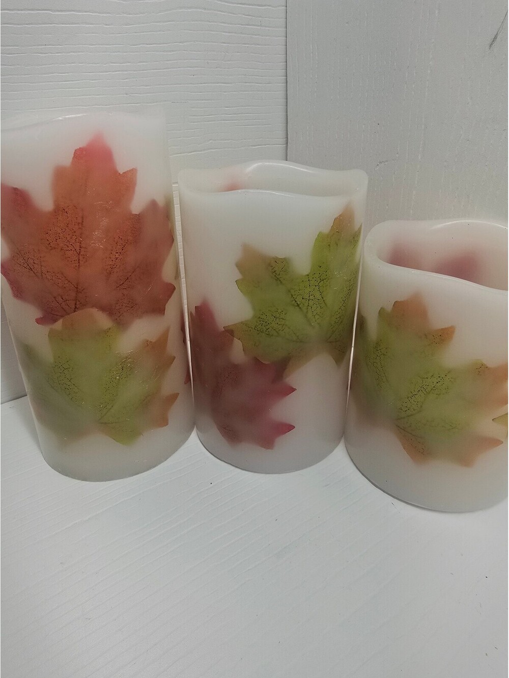 LED Flameless Candles Autumn Fall Maple Leaves Set 3 Pillar Wax Lights Timer